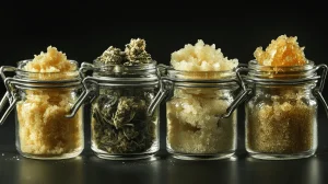 Jars of cannabis flower on display