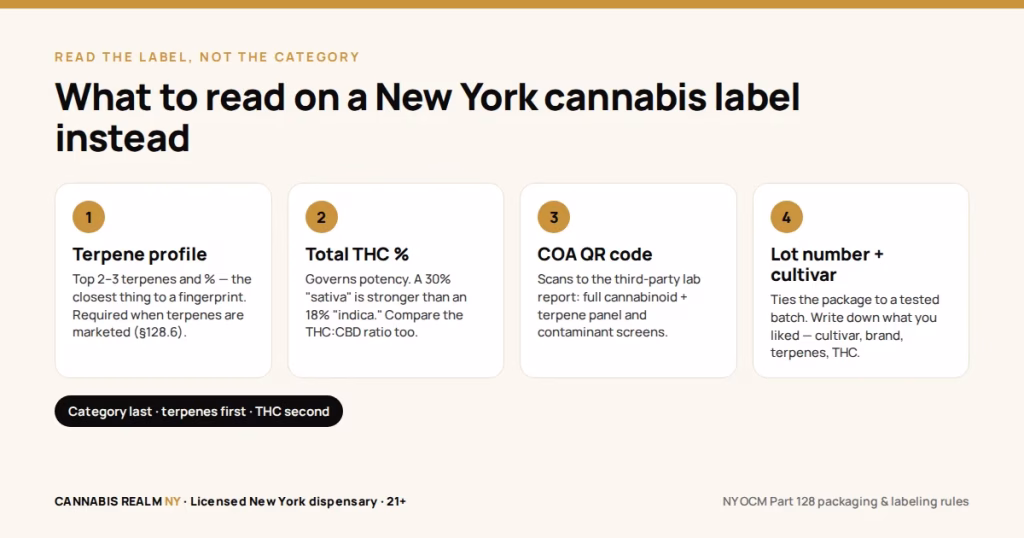 Four-step card titled What to read on a New York cannabis label instead: 1 terpene profile, the top two or three terpenes and percentages, required when terpenes are marketed under section 128.6; 2 total THC percent, which governs potency; 3 the COA QR code that scans to the third-party lab report; 4 the lot number and cultivar name that tie the package to a tested batch.