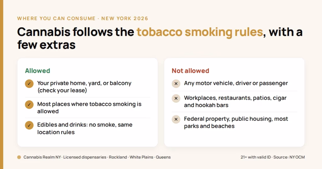 Two-column explainer card: where cannabis consumption is allowed in New York in 2026 (private home, yard or balcony; most places where tobacco smoking is allowed; edibles and drinks follow the same location rules) versus not allowed (any motor vehicle, workplaces, restaurants, patios, cigar and hookah bars, federal property, public housing, most parks and beaches).