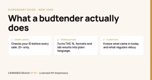 Illustrated card: What a budtender does at a licensed New York dispensary — checks ID, explains the menu, knows today's stock